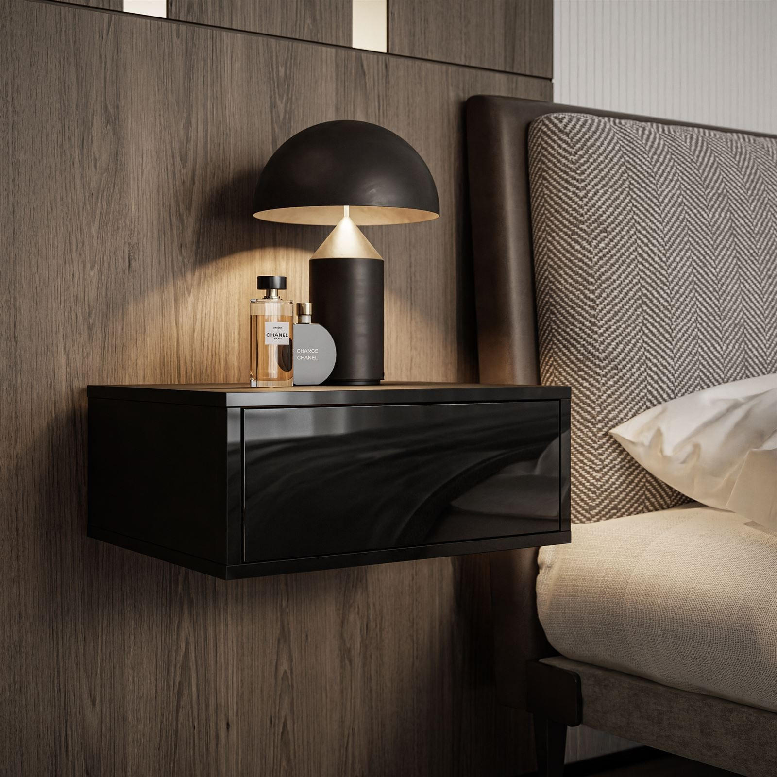 Hängender Nachttisch BLANCO Hochglanz Schwarz PUSH OPEN - Schwarz Hochglanz, Holzwerkstoff (45/20/36.6cm) - Lookway