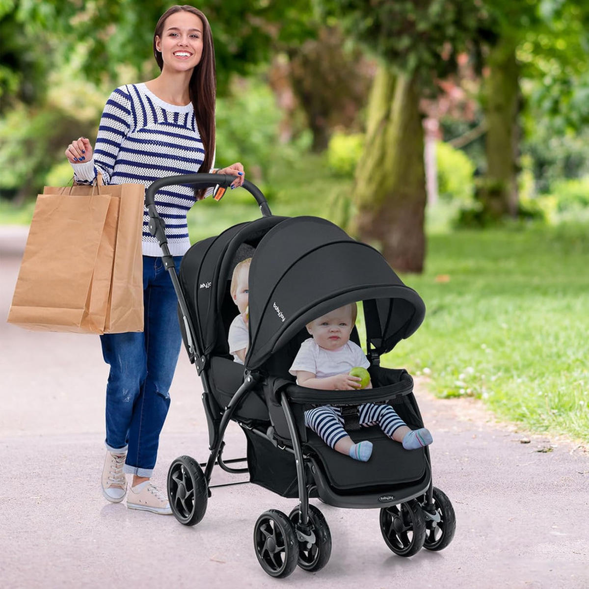 GESCHWISTERWAGEN klappbar schwarz - Schwarz, Metall (57/123/95cm) - COSTWAY