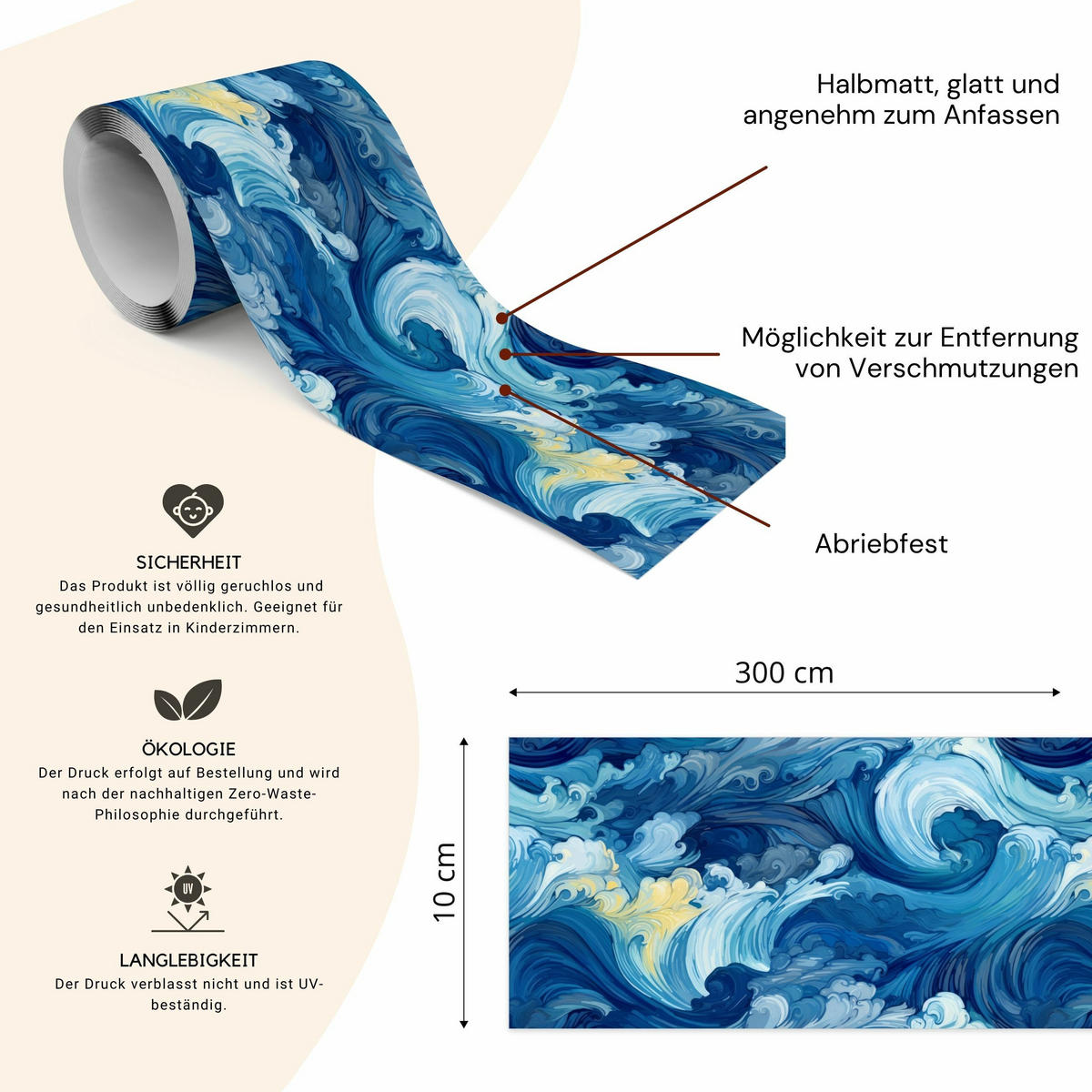 TAPETENBORDÜRE selbstklebend WELLEN Meer Ozean abstraktes Muster - Blau, Papier (10/300/300cm) - Muralo