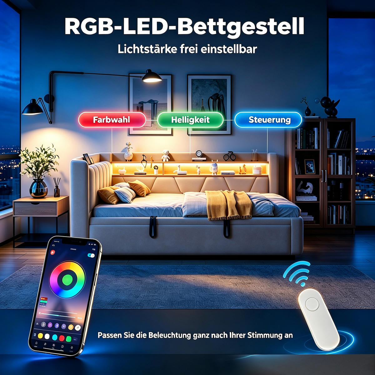 TAGESBETT 90x200/90x190 mit LED, USB/Stauraum, 3-in-1 Funktion, Samt, Beige - Beige, Holz (90/200cm) - LVHOM