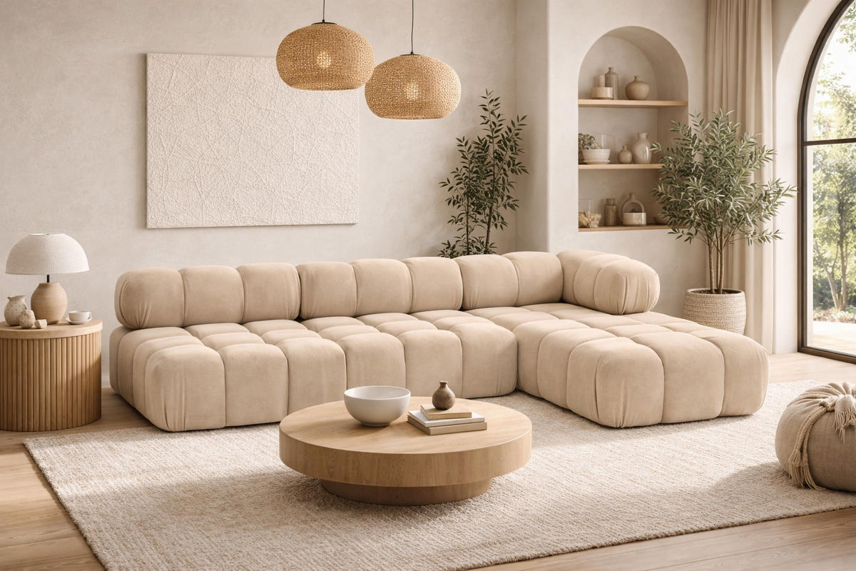 ECKSOFA L-Form Modulare, Veloursstoff Salvador, Beige, Rechts, Selia - Beige, Holz (285/160cm) - Kaiser Möbel