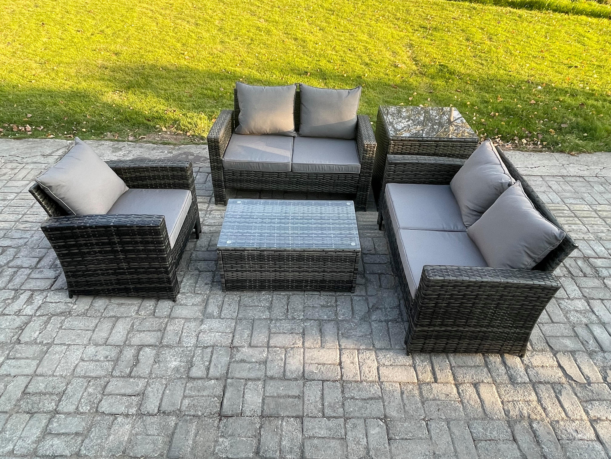 GARTENSOFA mit hoher Rückenlehne Polyrattan Dunkelgrau 5-Sitzer - Dunkelgrau, Metall - Fimous