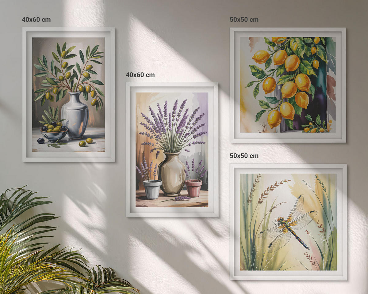 WANDBILDER 4er-Set - 50x50 cm & 40x60 cm Weißer Rahmen - Olivenblüten in Vasen Natur - Weiß, Kunststoff (50/50cm) - ArtPrintCave
