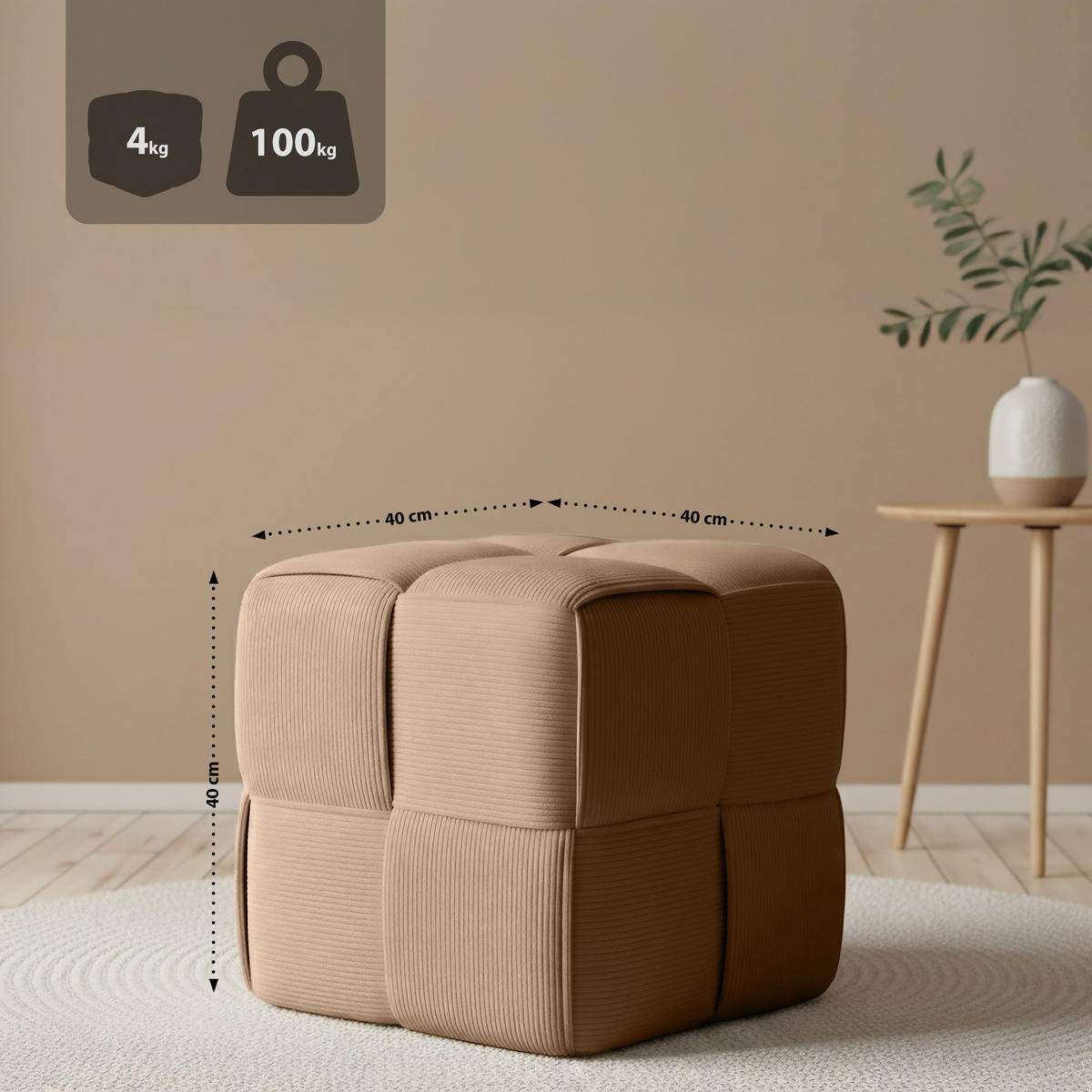 SITZWÜRFEL eckig 40/40/40 cm Cord Taupe - Taupe, Kunststoff/Textil (40/40/40cm) - CLP