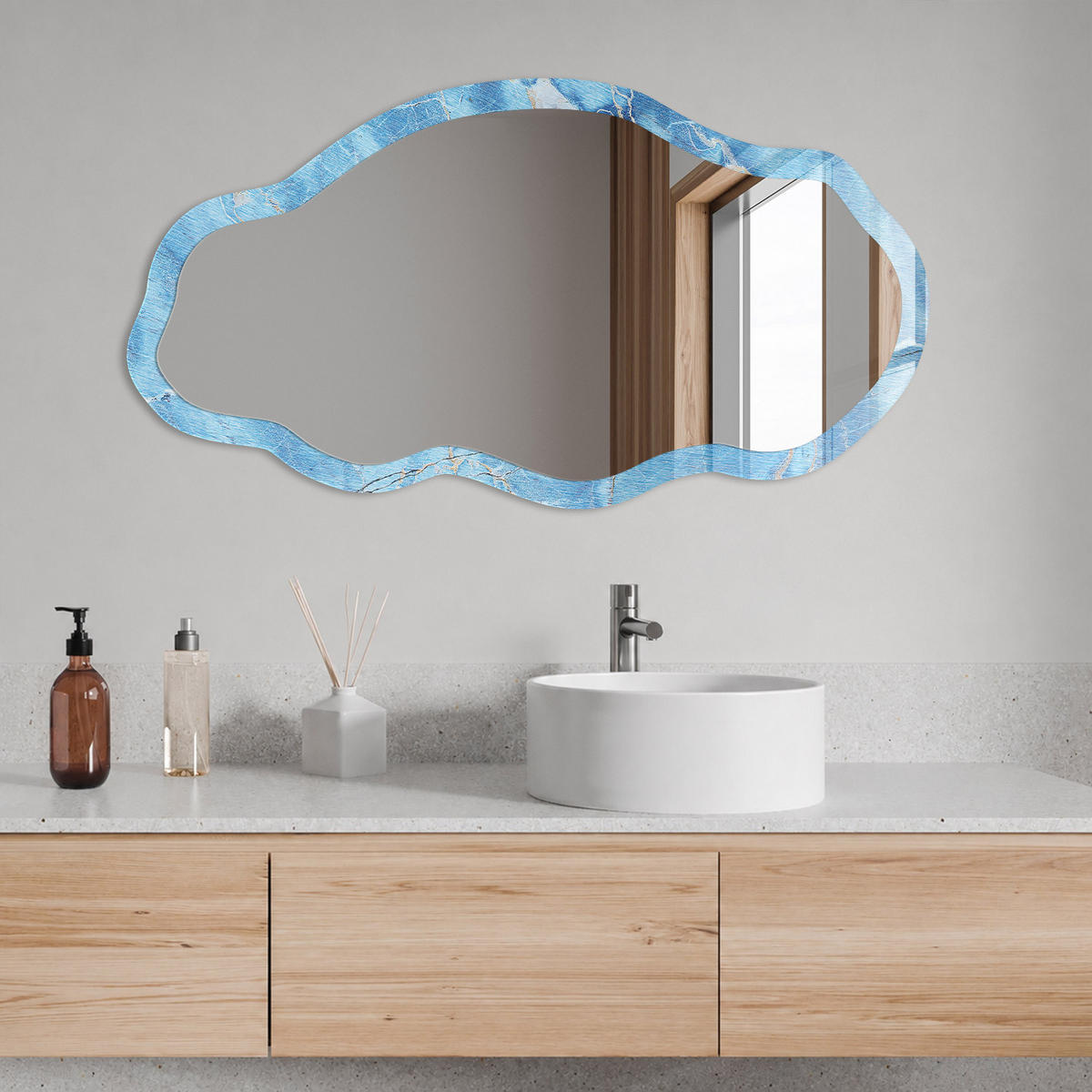 SPIEGEL 90x45 cm asymmetrisch mit Druck - Blauer Marmor - Transparent, Glas (45/90/0.4cm) - TULUP