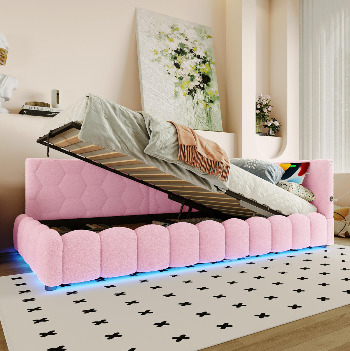POLSTERBETT 90/200 cm Rosa aus Vliesimitat mit Stauraum - Rosa, Textil (90/200cm) - OKMYHOME