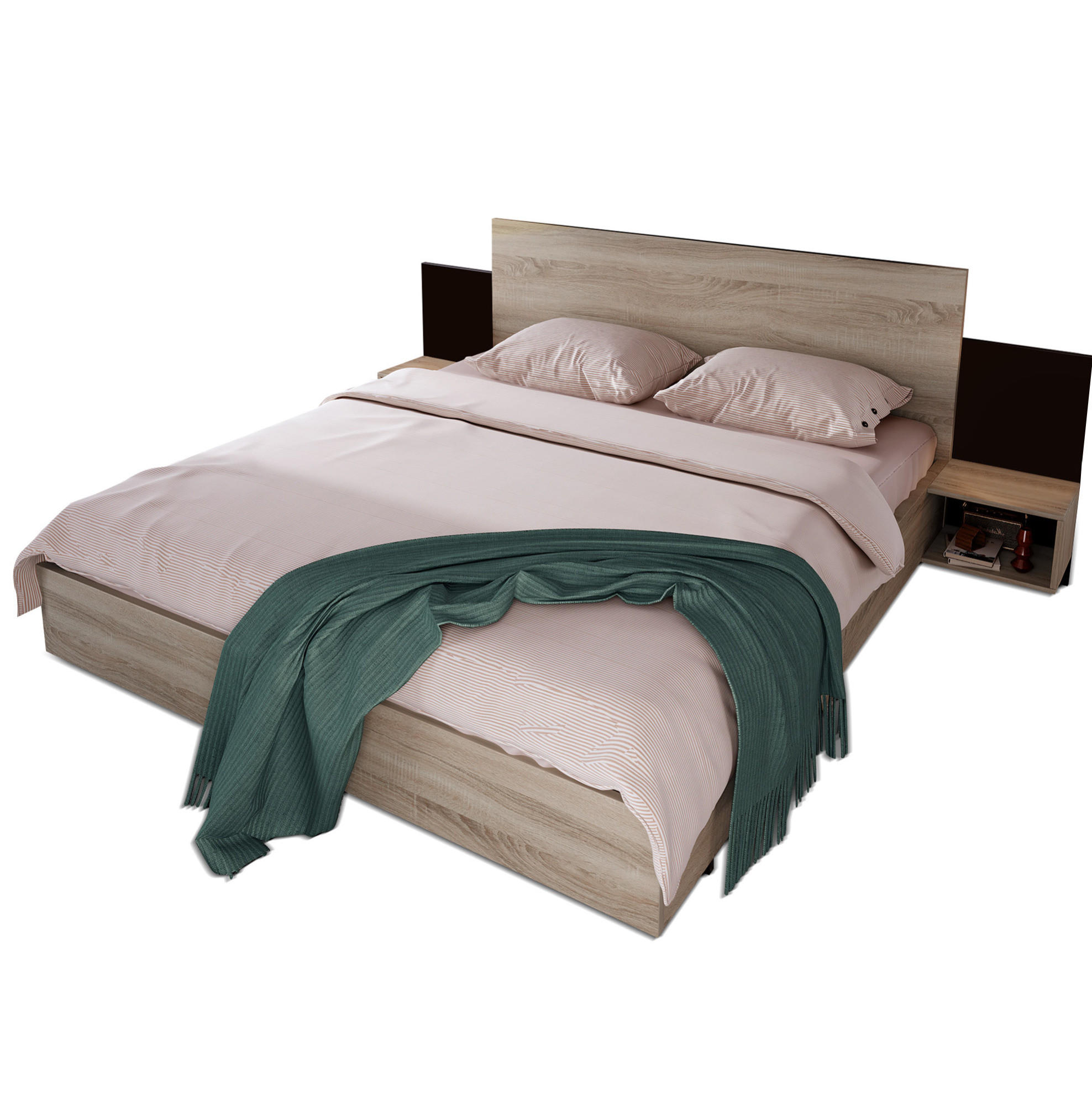 POLSTERBETT 160/200 cm Sonoma-Eiche/Dunkelgrau aus Massivholz mit 2 Nachtkommoden 3er Set - Dunkelgrau, Holz (160/200cm) - OKMYHOME