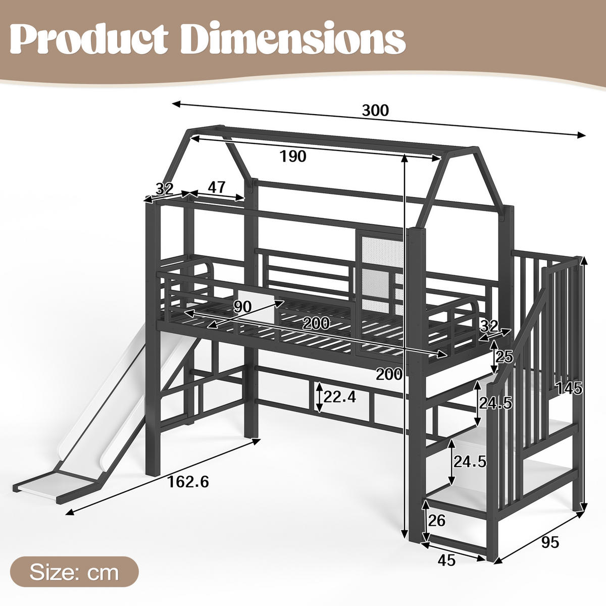 KINDERHOCHBETT MDF & Metall 90x200 cm Schwarz mit Rutsche, Treppe, Stauraumfächern und LED-Beleuchtung - Schwarz, Holzwerkstoff (90/200cm) - Modfu