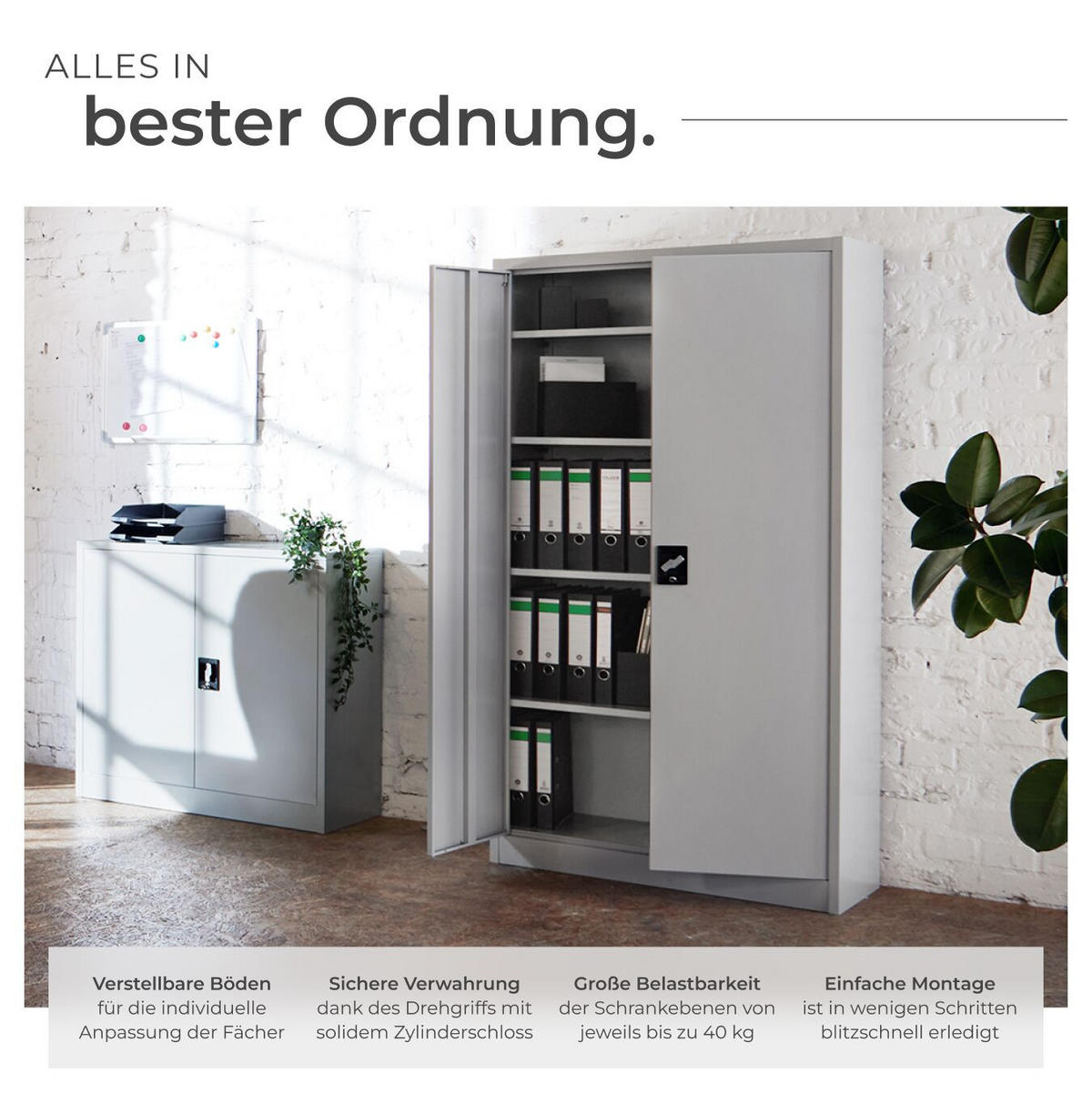 AKTENSCHRANK ,140 x 90 x 40 cm,grau - Grau, Metall (90/140/40cm) - tectake