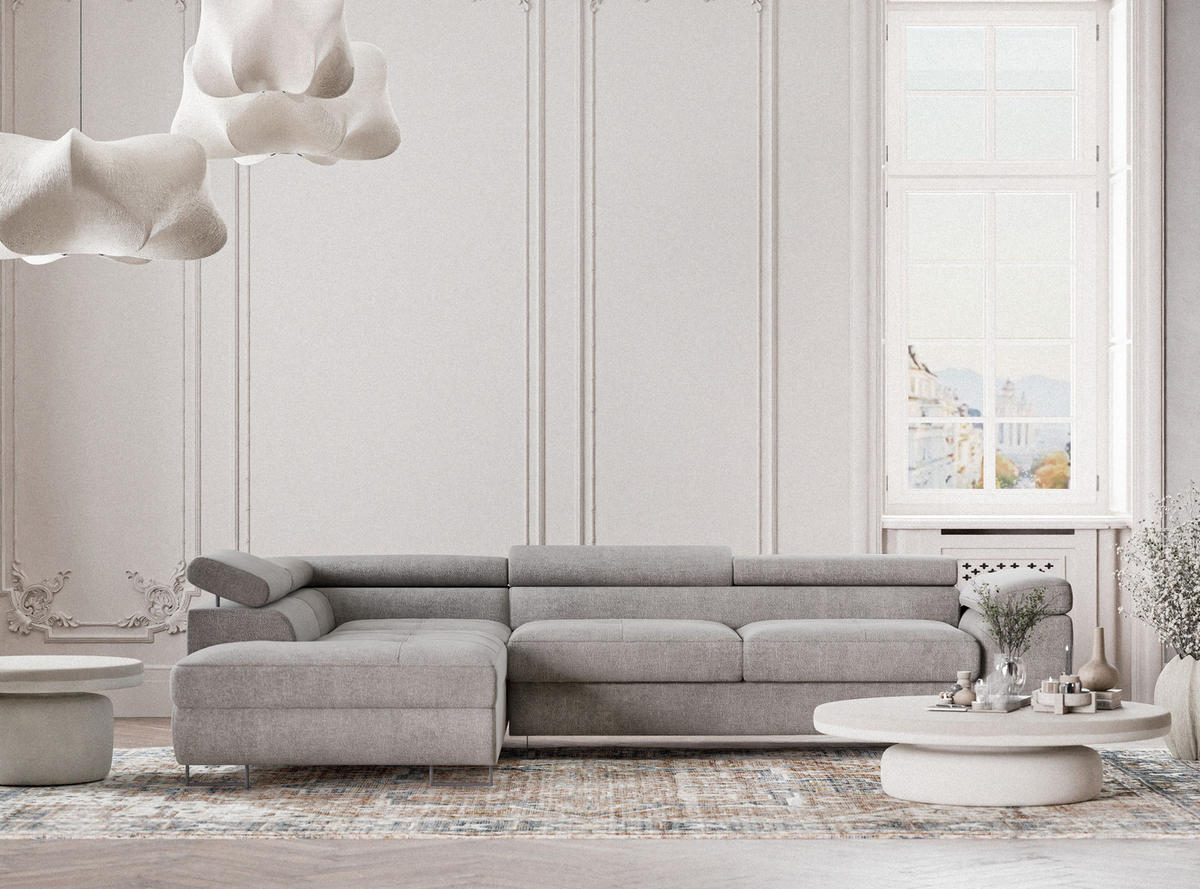 ECKSOFA Concord Beige grau Chenille-Stoff - Links Seite - Greige/Schwarz, Holz/Holzwerkstoff (203/277cm) - Maison de Reve