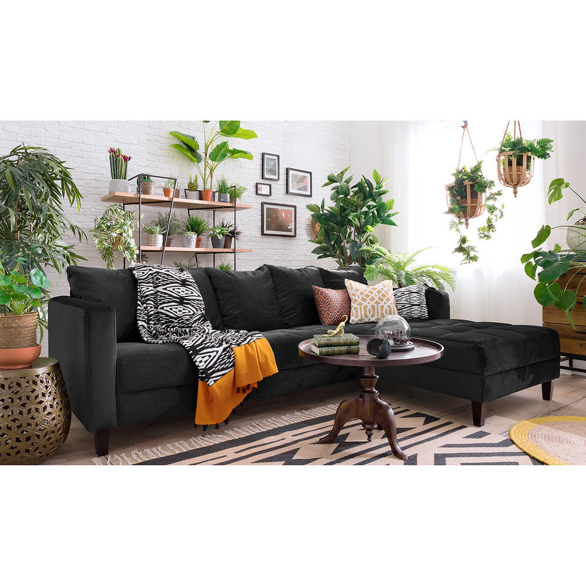 ECKSOFA mit Ottomane - Samt - Anthrazit, Textil (254/165cm) - home24