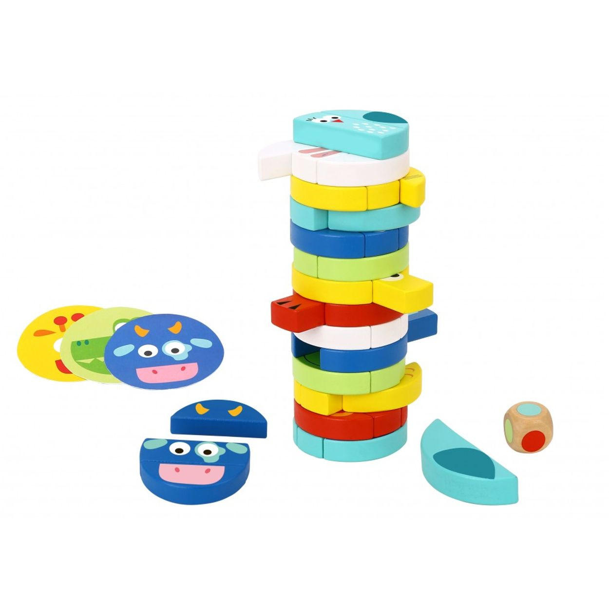 TOOKY TOY Stapelturm TH293 Höhe 25 cm bunt 61-teilig, 45 Tierblöcke, Würfel, 15 Karten, Motorik, ab 36 Monaten - Multicolor, Holz (7/25/7cm) - Tooky Toy