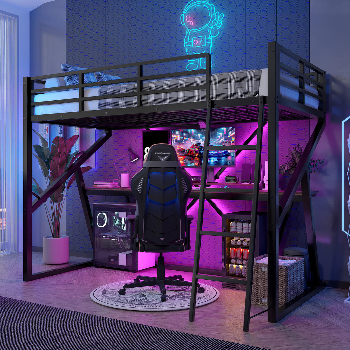 HOCHBETT 90/200 cm Schwarz mit LED-Beleuchtung und Schreibtisch aus Metall - Schwarz, Metall (90/200cm) - OKWISH