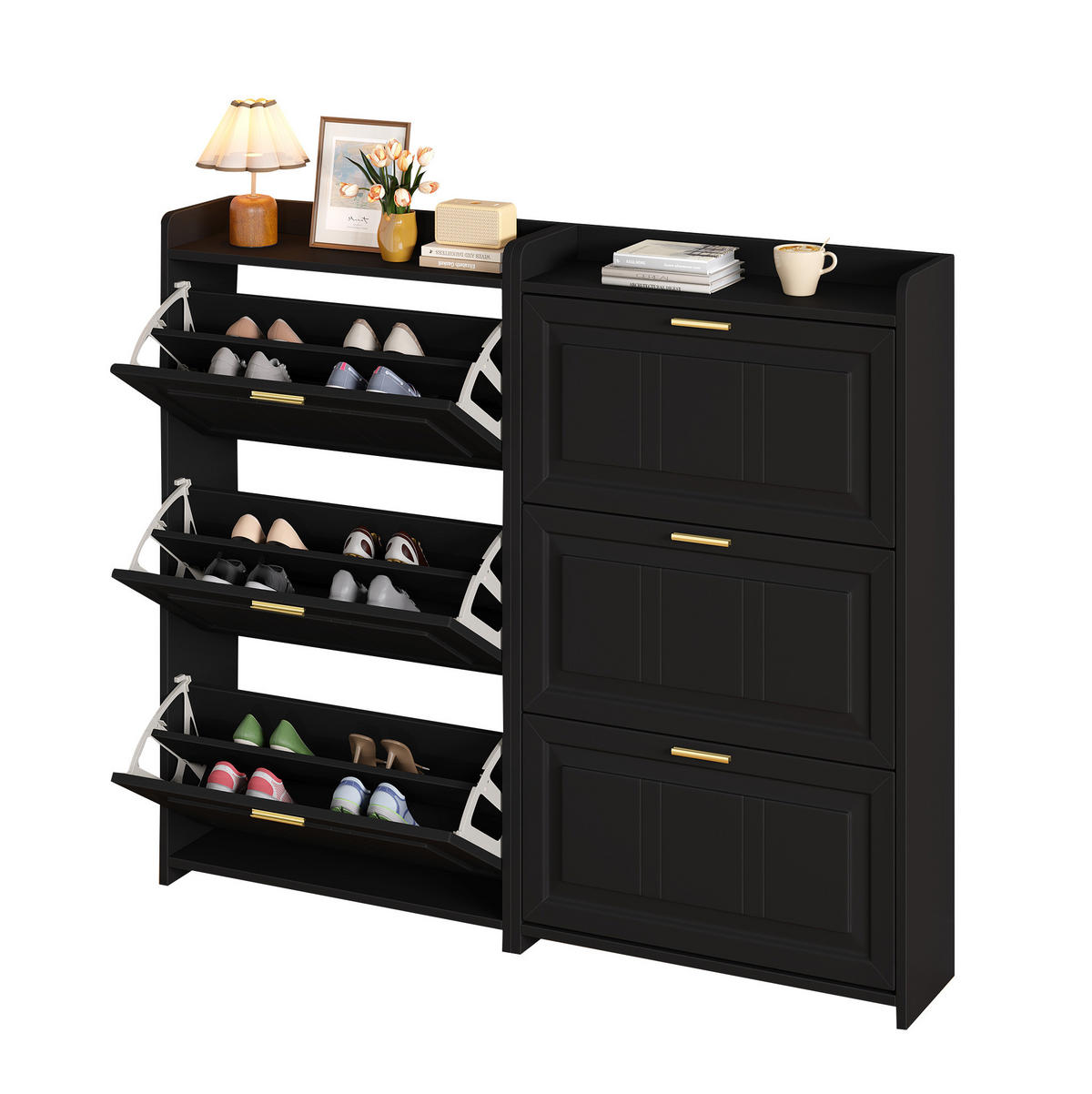 SCHUHSCHRANK 70/24/120 cm im 2er-Set mit Klapptüren und verstecktem Stauraum, Schwarz - Schwarz, Holzwerkstoff (70/120/24cm) - Redom