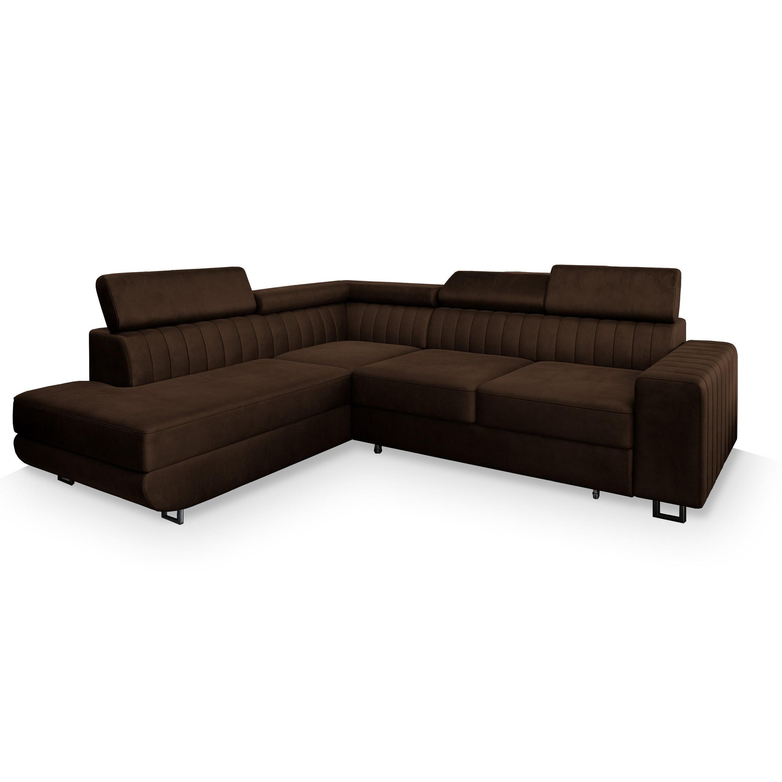 ECKSOFA NOLA L-S Braun Velours-Stoff mit Schlaffunktion - Braun, Holz (253/190cm) - MASSENO