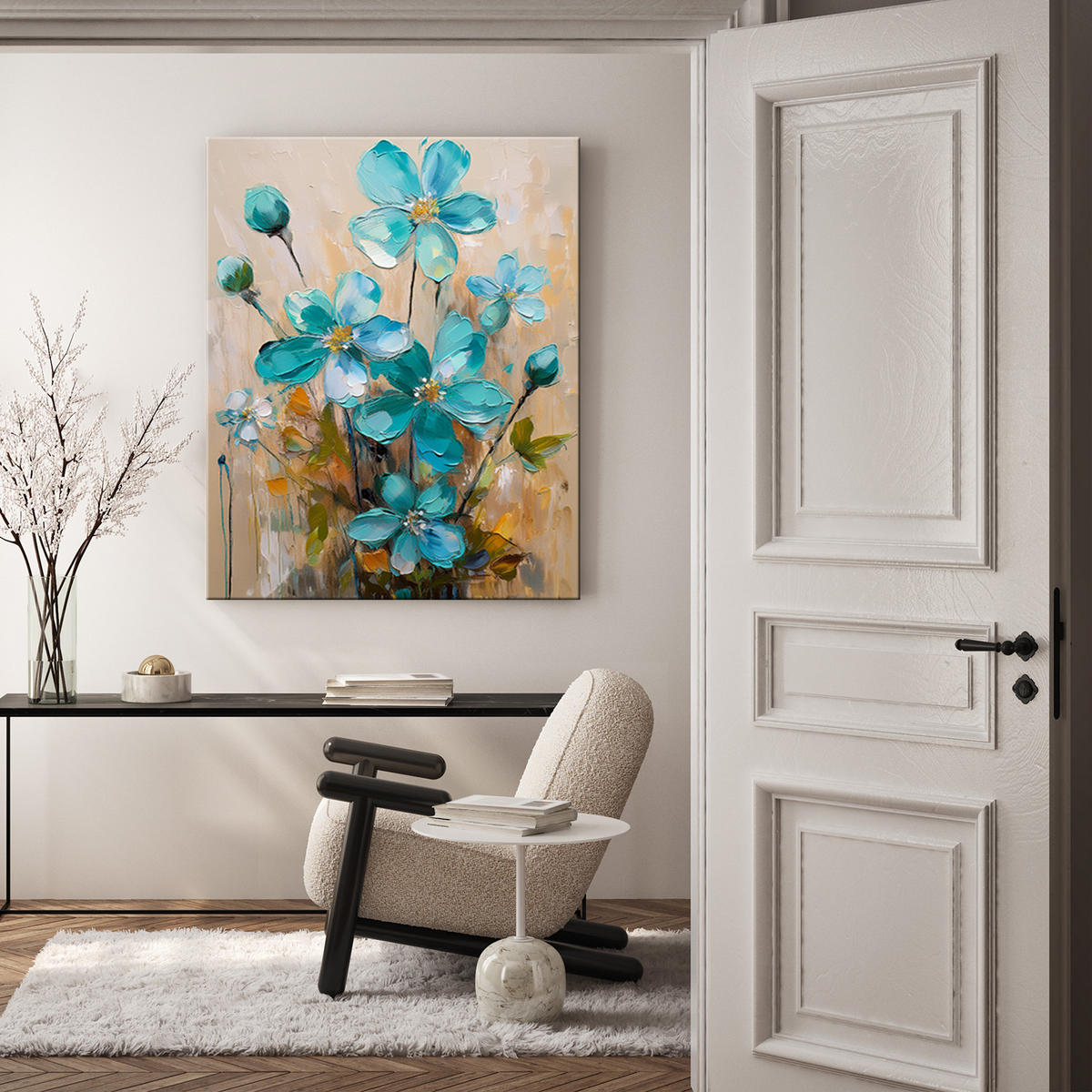 WANDBILD gemalte blumen türkis - Türkis, Textil (40/60cm) - Feeby