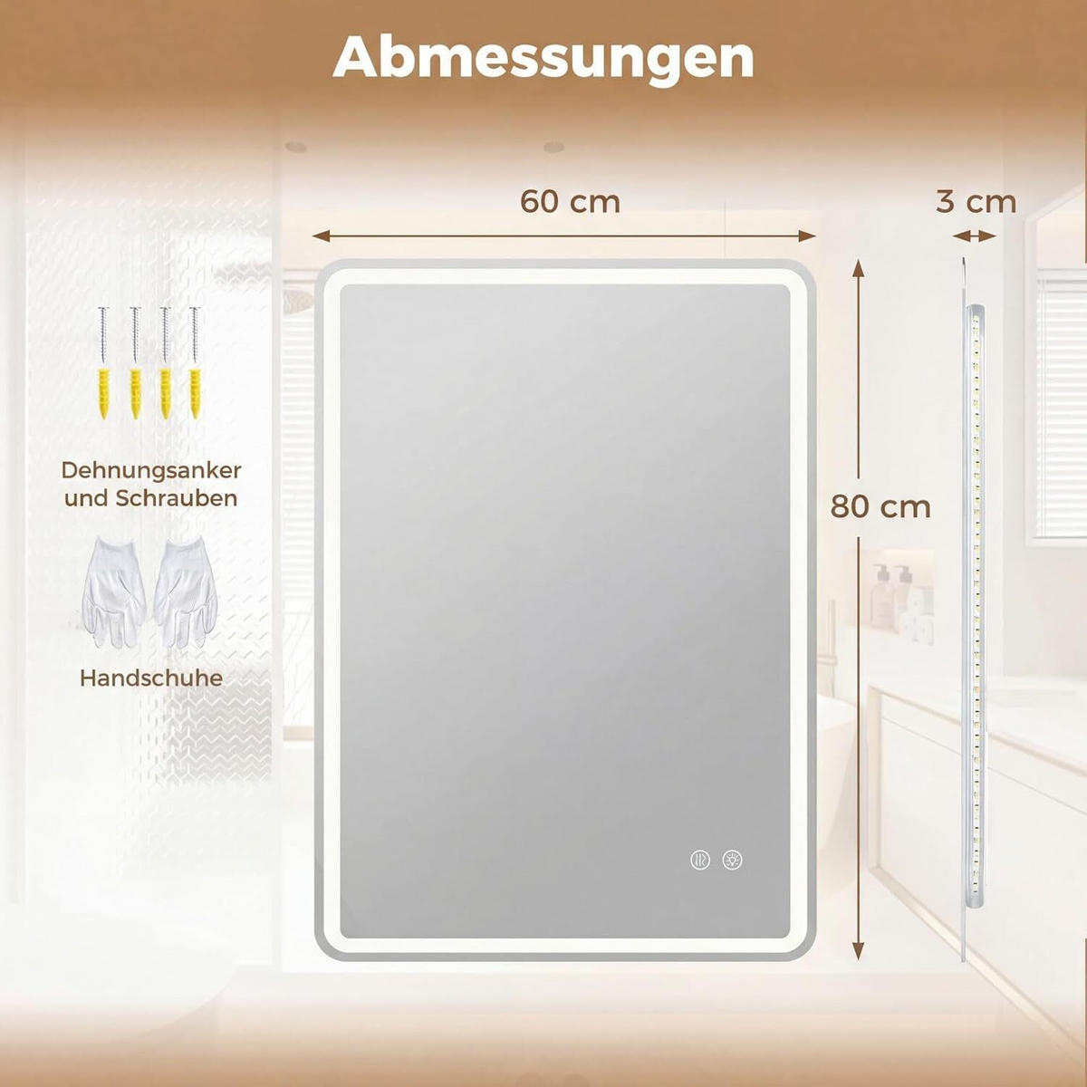 BADSPIEGEL mit LED Beleuchtung silber - Silberfarben, Glas (60/80/3cm) - COSTWAY