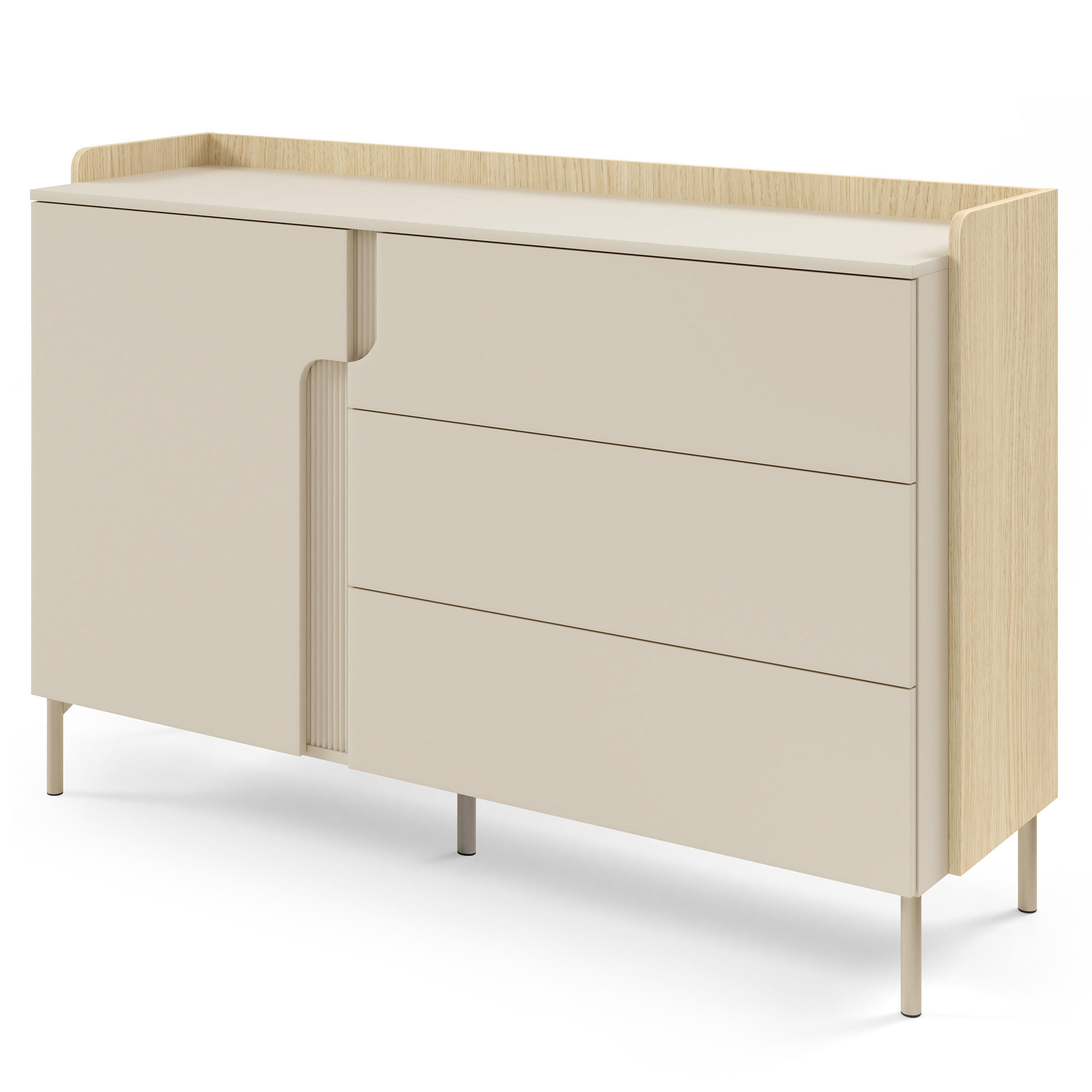 KOMMODE Positivo mit 1 Tür und 3 Schubladen, 140 cm, Mavelie-Eiche + Macadamia - Eichefarben, Holzwerkstoff (143/95/42cm) - Beautysofa