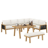 GARTENMÖBEL-SET, Ecksofa + Couchtisch, Akazienrahmen, Akazientischplatte, geflochtenes Seilhandwerk, geeignet für den Garten, Natur + creme - Creme, Textil - FLIEKS