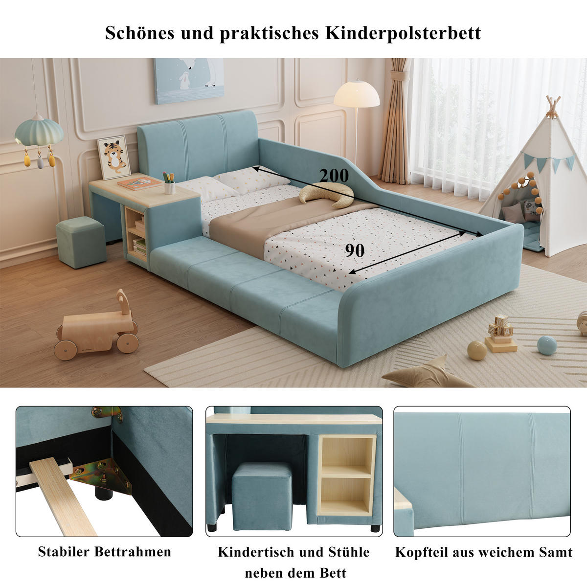 POLSTERBETT 90/200 cm in Blau & Natur mit Schreibtisch, Hocker und Ablage Samt - Blau, Holzwerkstoff/Textil (90/200cm) - CHICFURN