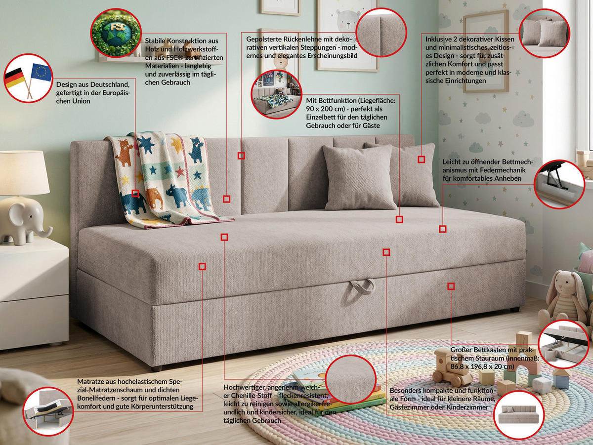 TAGESBETT Lenny mit Rückenlehne und großem Bettkasten aus Taupe Chenille-Stoff - Taupe/Schwarz, Holz/Kunststoff (90/200cm) - S-Style Möbel
