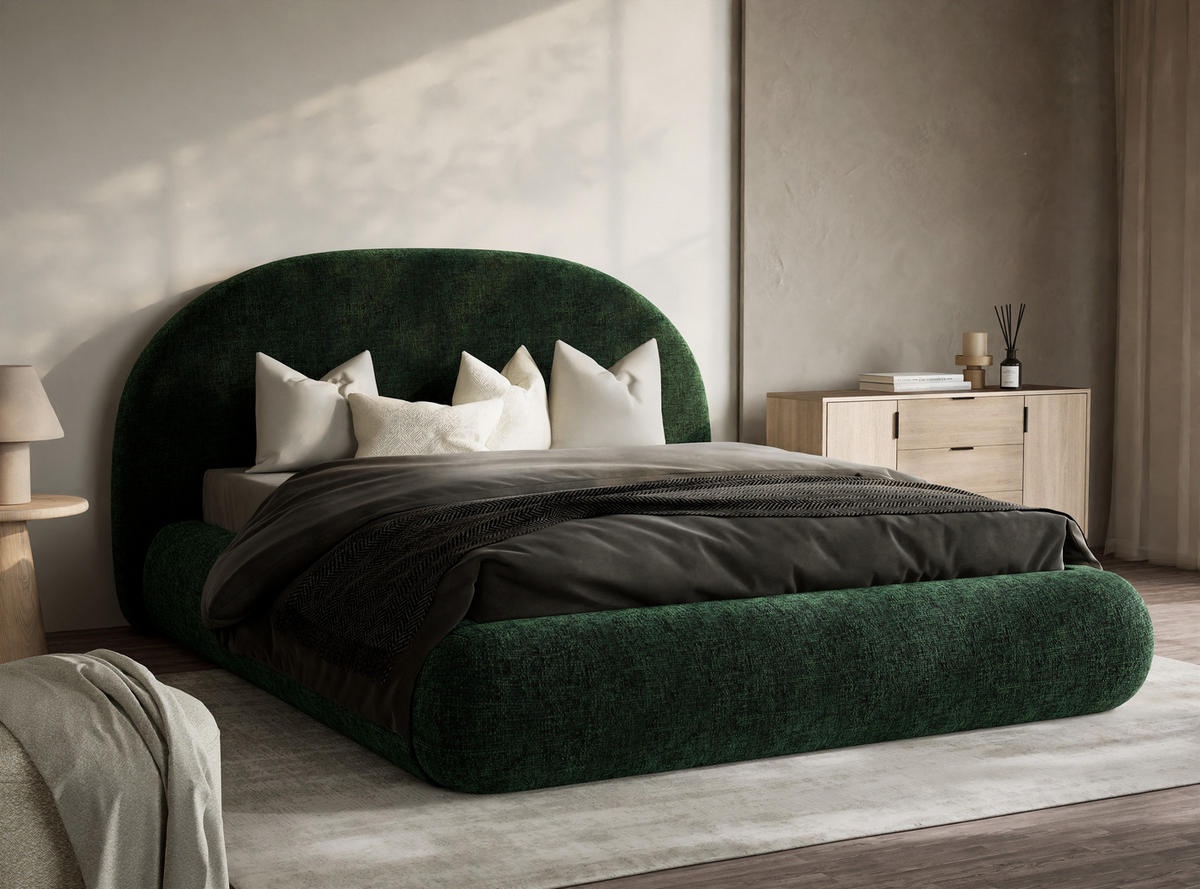 POLSTERBETT Maumere Dunkelgrün 160/200 cm im Chenille-Stoff - Dunkelgrün/Schwarz, Holz/Holzwerkstoff (160/200cm) - Maison de Reve