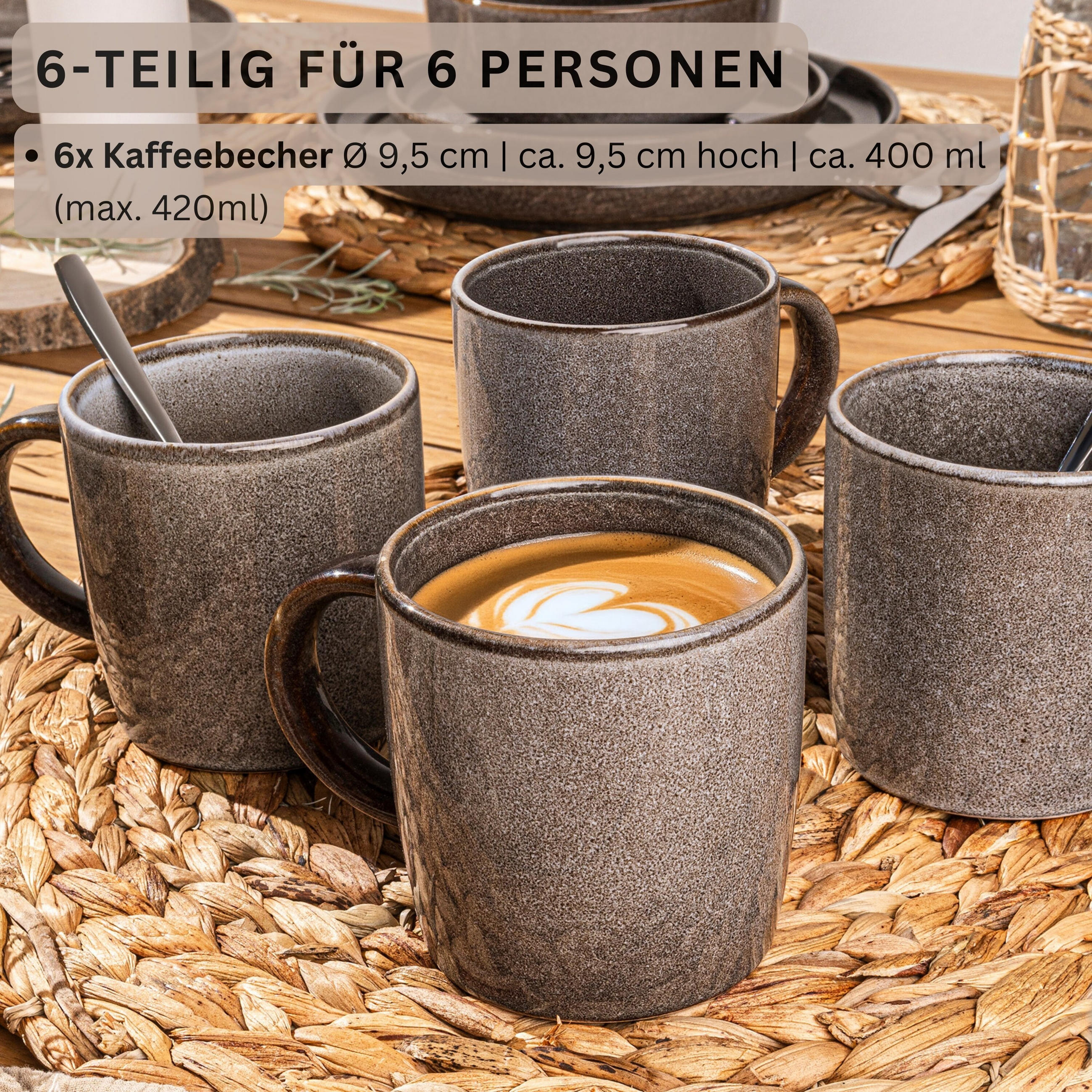 KAFFEEBECHER SET KAIRO GRAPHIT - 6 teilig aus Steingut - Braun, Keramik (0.4L) - Sänger