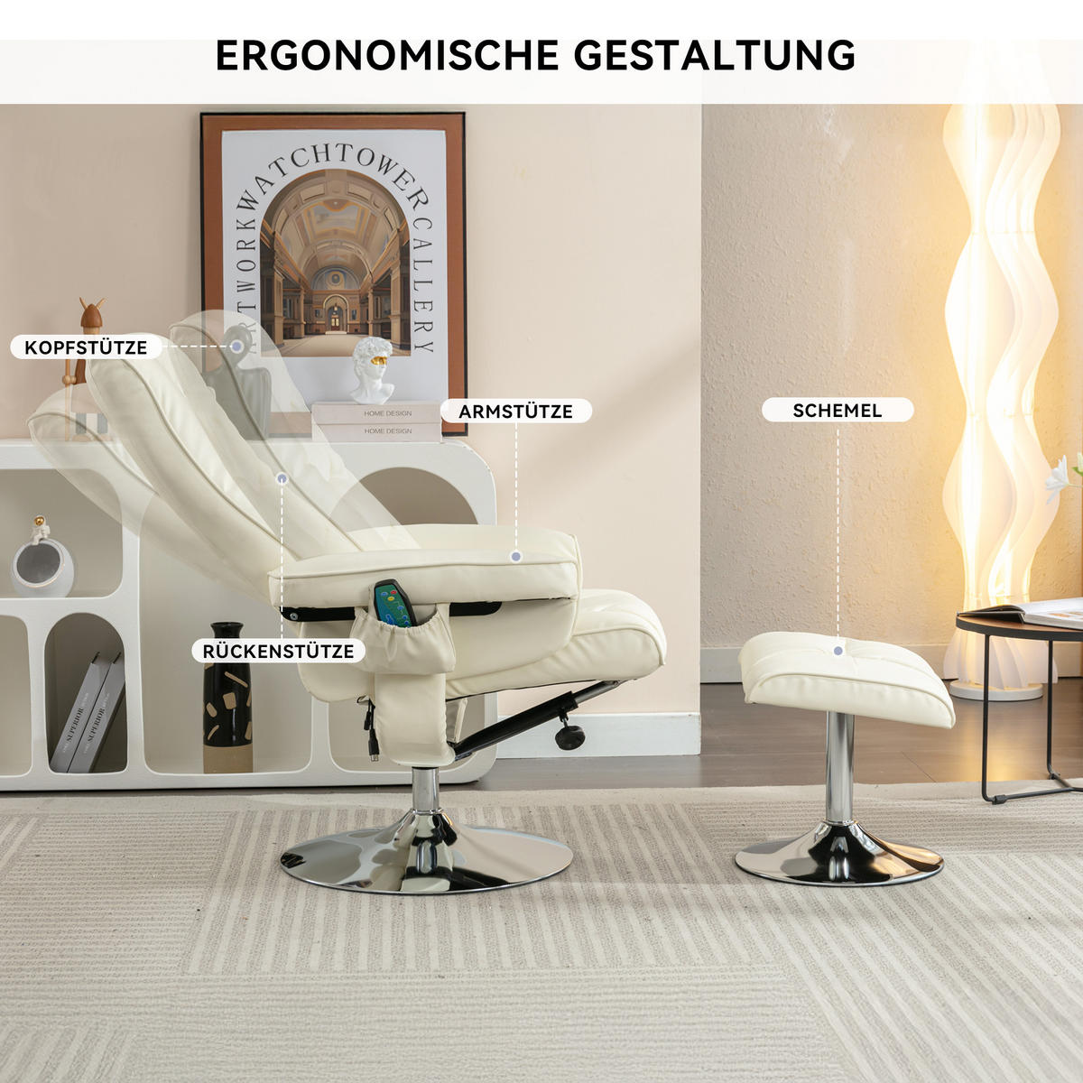 MASSAGESESSEL PU-Leder mit Fußhocker 79/79/106 cm Beige - Beige, Kunststoff (79/106/79cm) - Redom