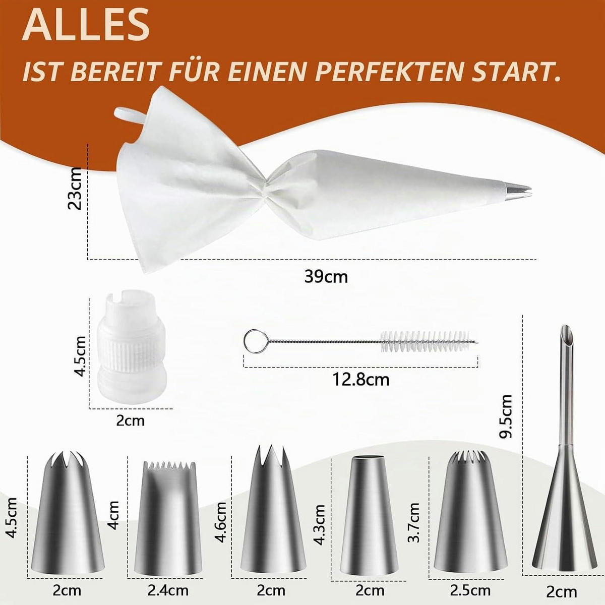 SPRITZBEUTEL Set 9-teilig mit 6 Edelstahl-Tüllen - Weiß, Kunststoff (23/12.8/39cm)