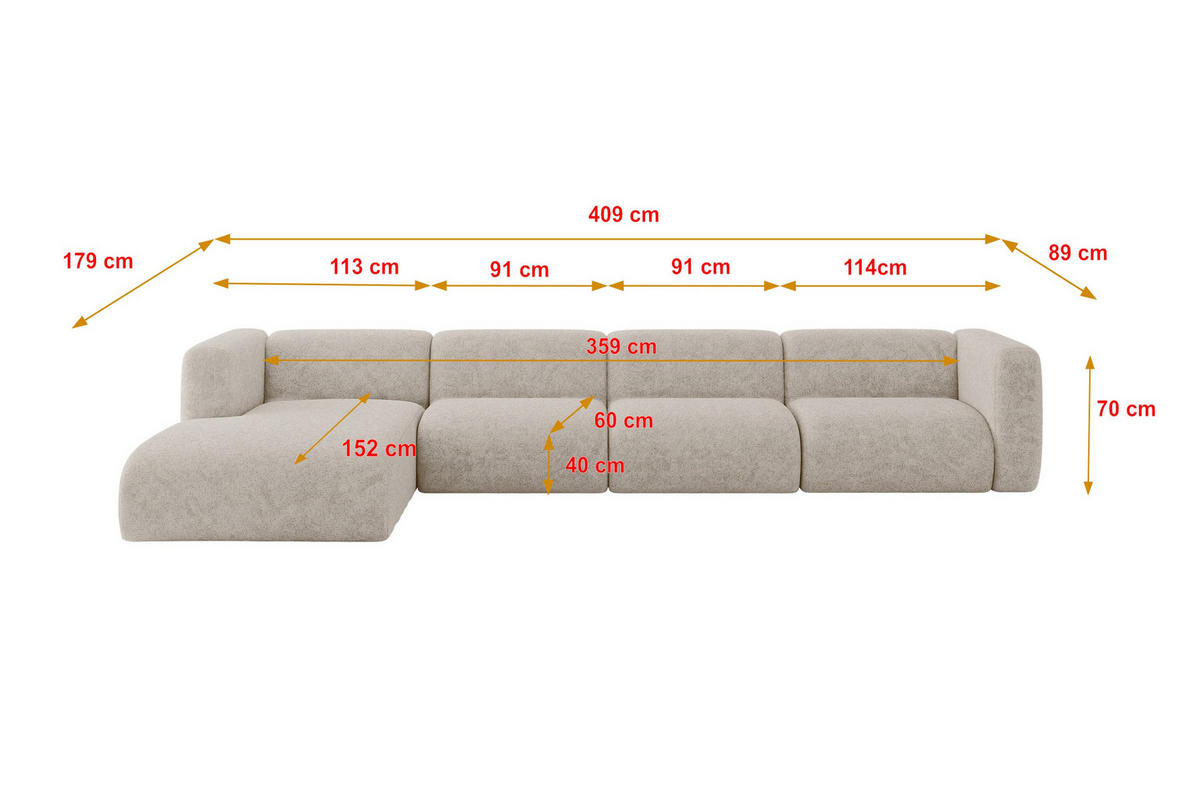 ECKSOFA Ottomane Links MIRA-L3 409x179x70 Beige Velours - Beige/Schwarz, Holzwerkstoff/Kunststoff (409/179cm) - ALTDECOR