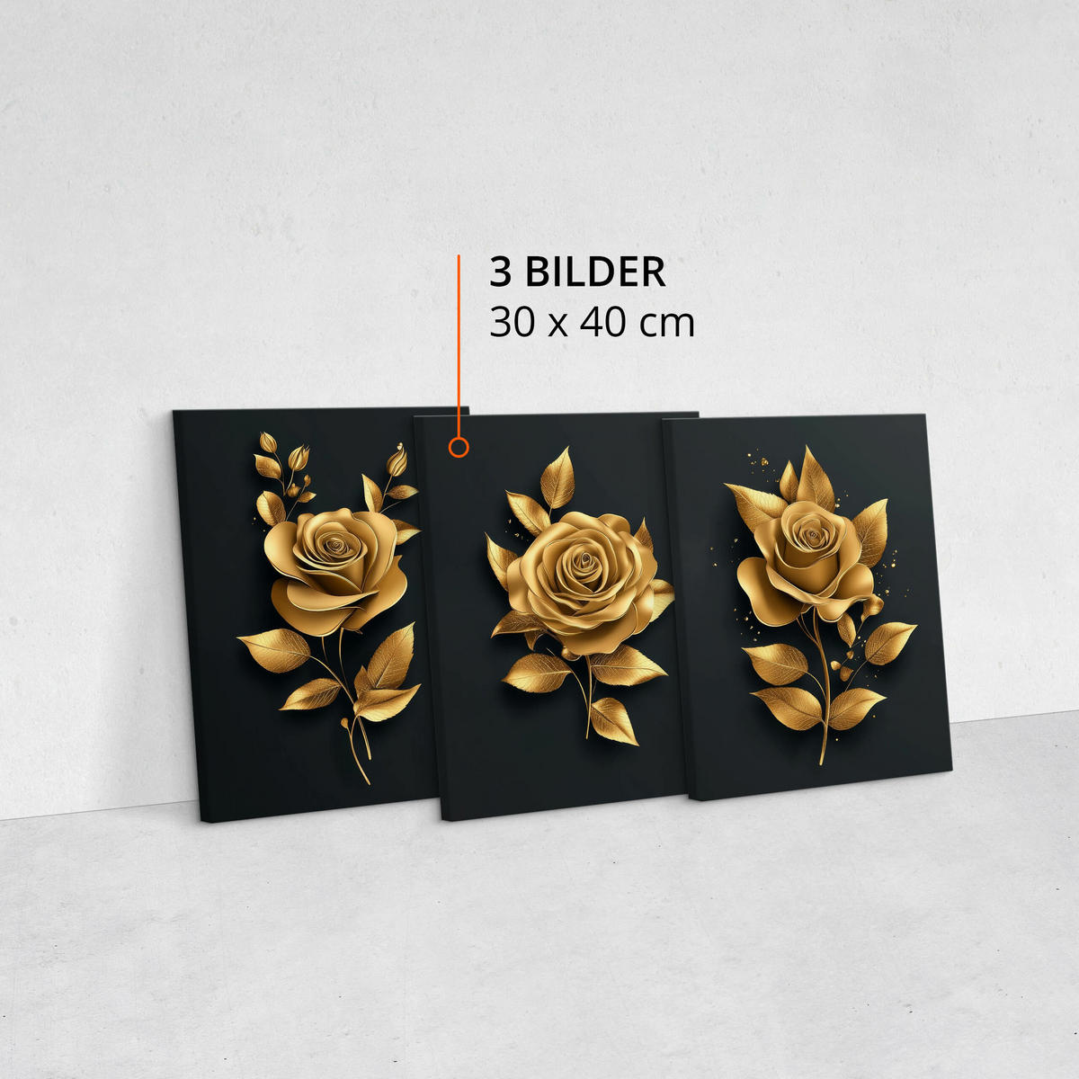 LEINWANDBILDER 3-es Set Rosen Blumen 3D - Beige/Schwarz, Textil (90/40cm) - Muralo