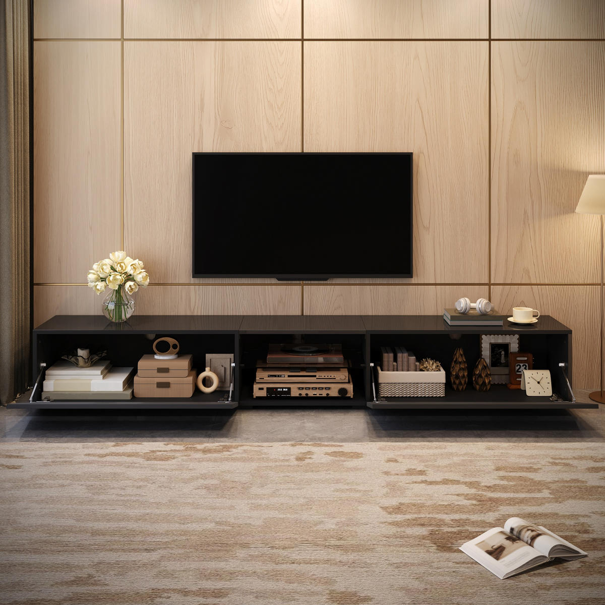 TV-SCHRANK 200/30/30 cm Schwarz mit LED-Beleuchtung und 2 Türen - Schwarz, Holzwerkstoff (200/30/30cm) - Oxeza