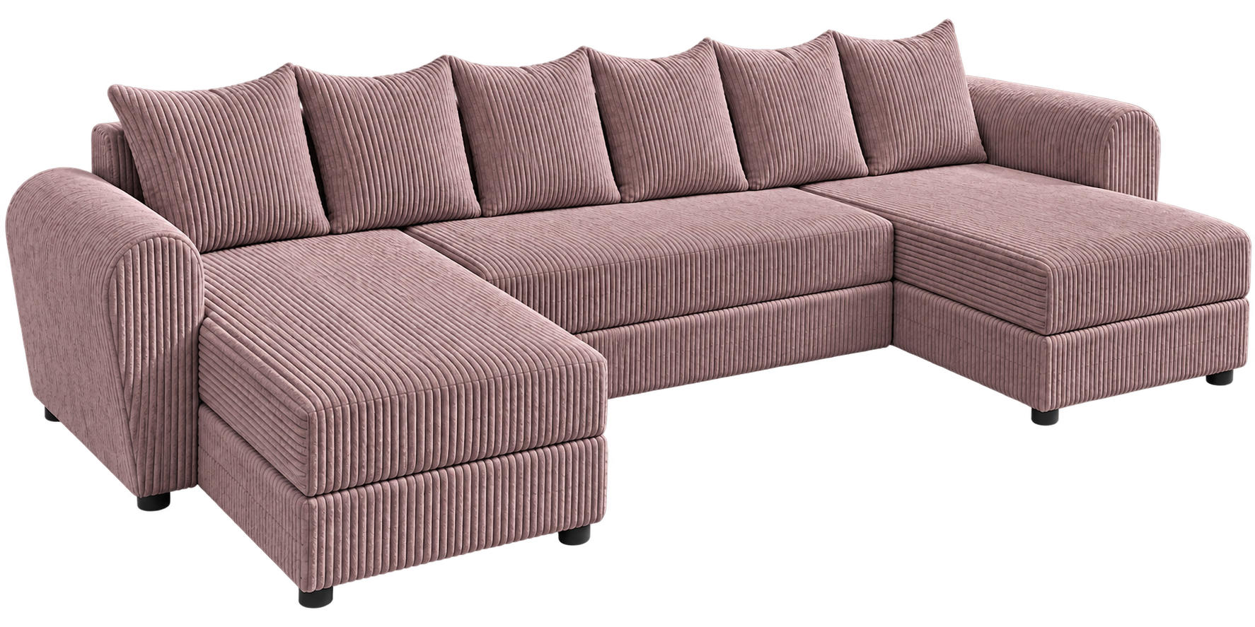 WOHNLANDSCHAFT PUMA U 308 cm – Cord Sofa in U-Form mit Schlaffunktion, Bettkasten und weichem Cordbezug - Mauve/Schwarz, Kunststoff (308/85/140cm)