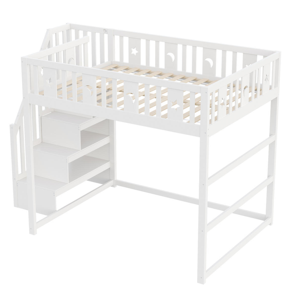 HOCHBETT 140/200 cm in Weiß aus Massivholz – mit Treppe, Regal und Rausfallschutz - Weiß, Holz (140/200cm) - BEAOK