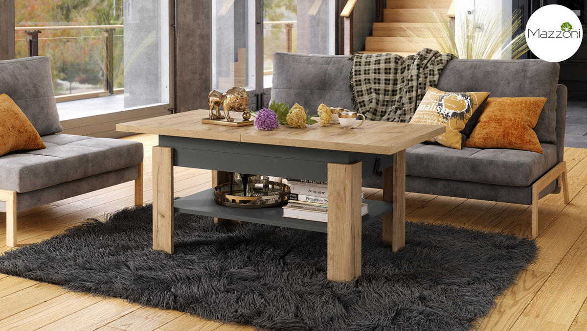COUCHTISCH rechteckig Eiche Gold - Anthrazit ausziehbar höhenverstellbar - Eichefarben/Anthrazit, Holzwerkstoff (65/130/58cm) - designimpex