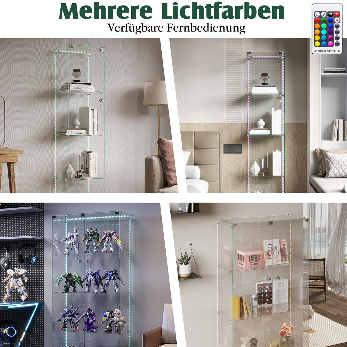 VITRINE Glas LED, Einzeltür, 4 Regale, mit Schloss - Weiß, Holz (35/163/39.8cm)
