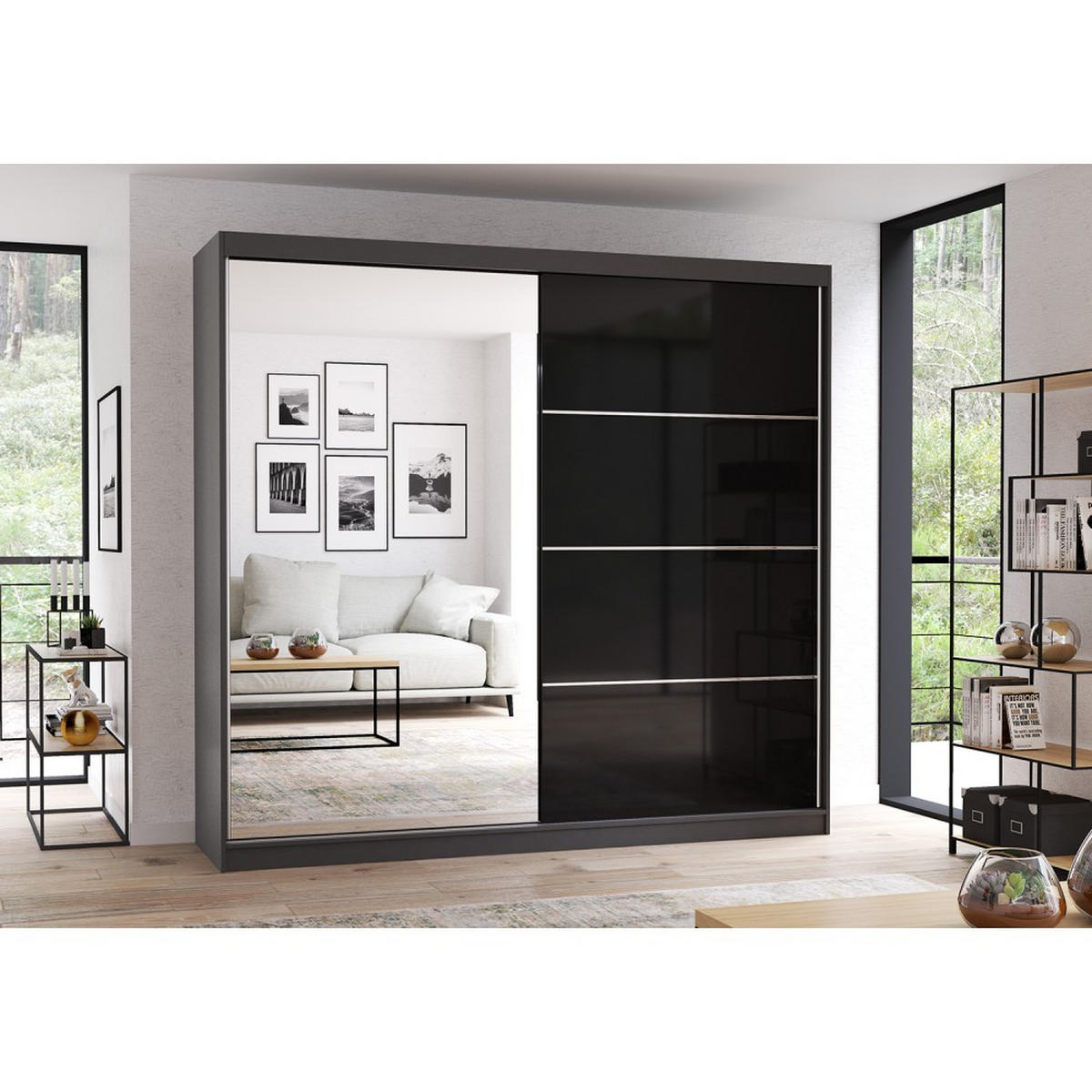SCHWEBETÜRENSCHRANK MULTI 31 Grau/Schwarz + Spiegel 233 cm - Schwarz/Alufarben, Glas/Holzwerkstoff (233/218/61cm) - imoebel24