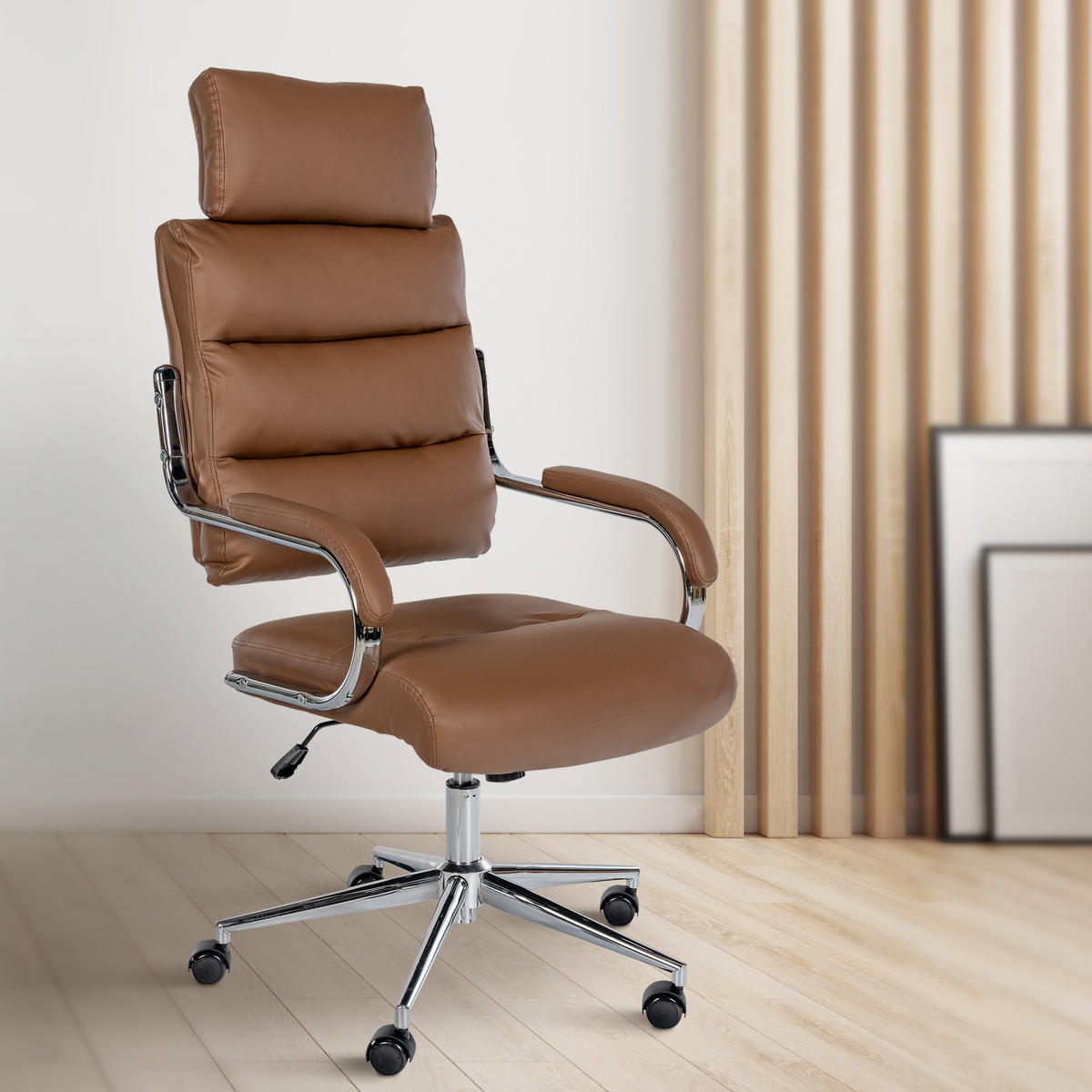 DREHSTUHL Lederlook Hellbraun - Chromfarben/Hellbraun, Textil/Metall (61/119/78cm) - CLP