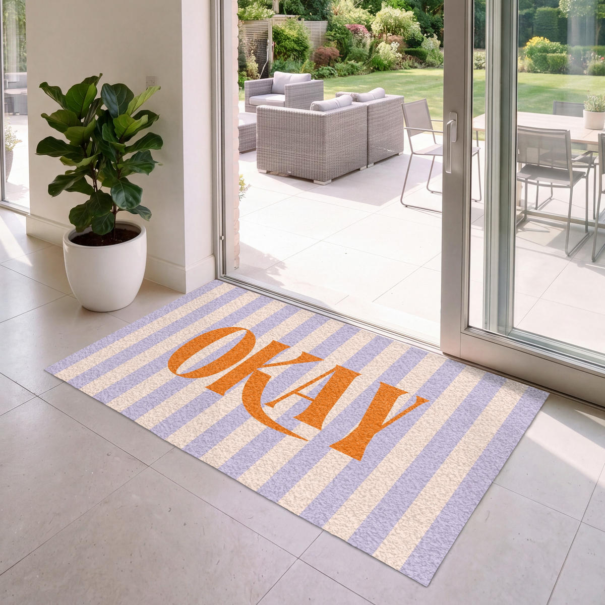 FUSSMATTE Lila – Orange – Streifen – Okay 150x90 cm - Flieder, Kunststoff (150/0.4cm) - MuchoWow