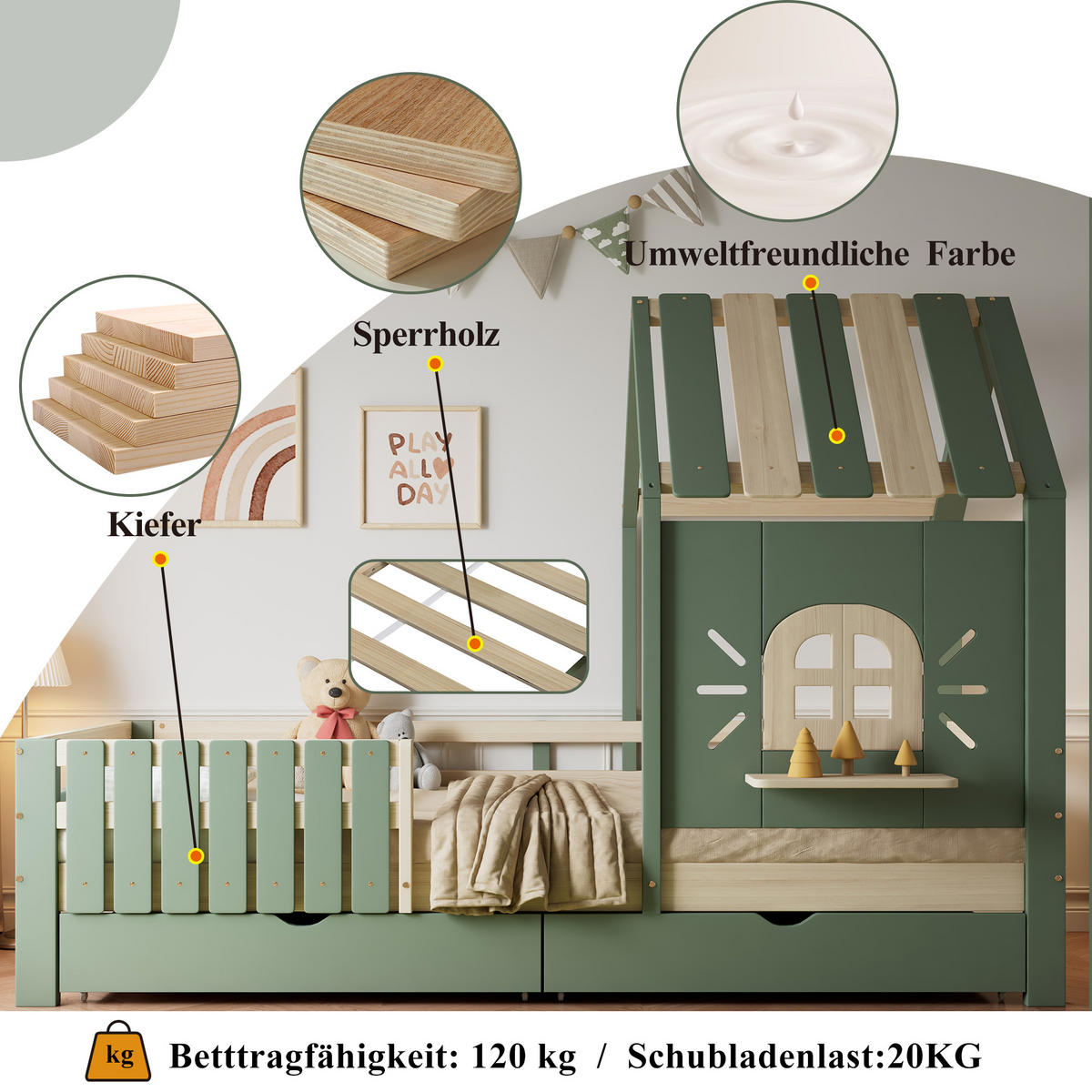 KINDERBETT 90/200 cm in Grün & Natur mit 2 Schubladen - Grün, Holz/Holzwerkstoff (90/200cm) - WISHDOR