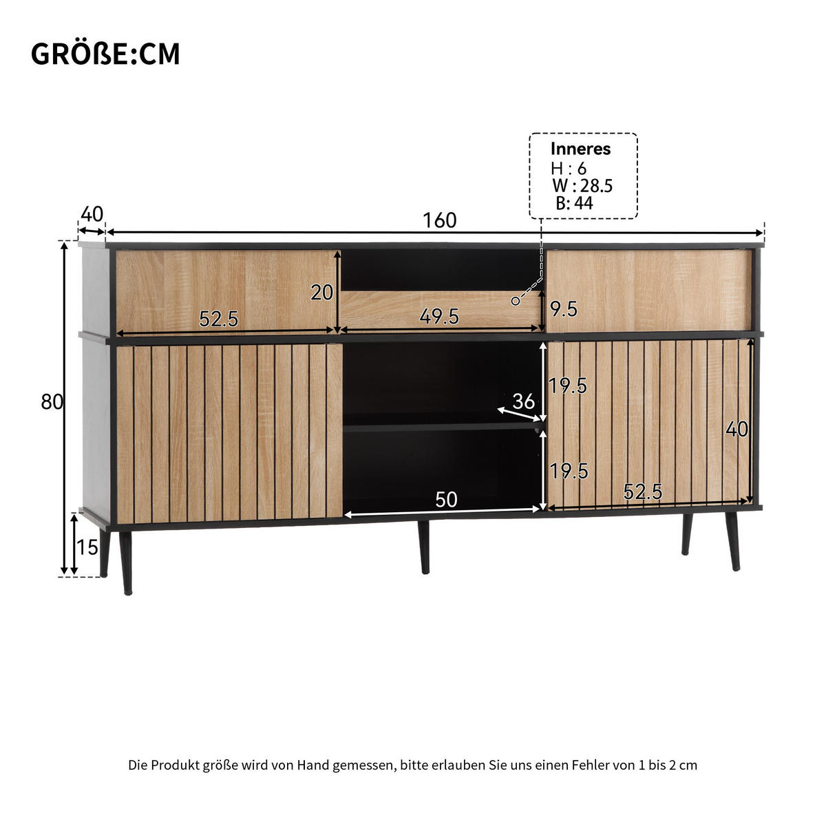 KOMMODE 160/40/80 cm in Eichefarben/Schwarz mit 4 Schiebetüren - Schwarz, Holzwerkstoff (160/80/40cm) - Flora Grace