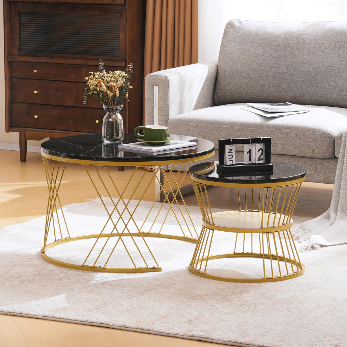 COUCHTISCH-SET 70/70/47 und 45/45/40 cm, rund ineinanderschiebbar mit Hochglanz-Oberfläche und Metallgestell, Schwarz/Gold - Schwarz, Holzwerkstoff (70/70/45cm) - Redom