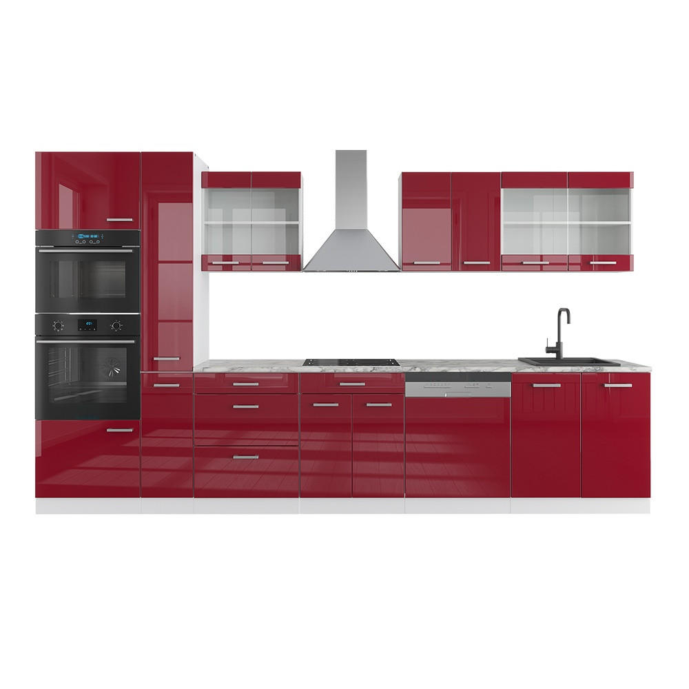 KÜCHENZEILE R-Line Rot Hochglanz/Weiß 350 cm mit Hochschrank, AP Marmor - Rot/Weiß, Holzwerkstoff (350/206.8/60cm) - Vicco