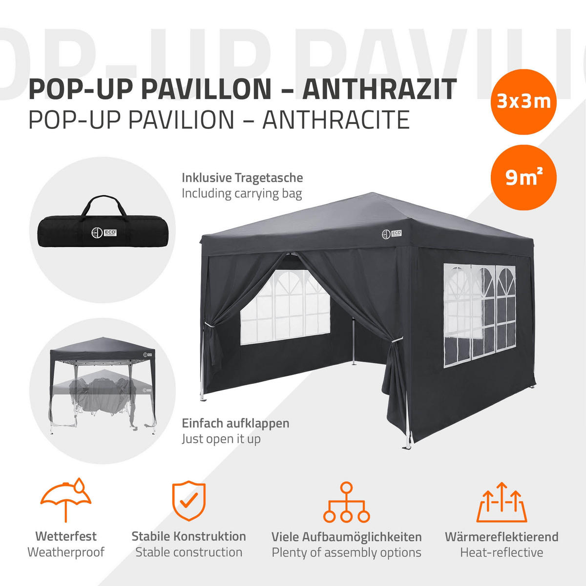 POP UP PAVILON 3x3 m antracitový skládací pavilon, vodotěsný, stabilní, se 4 bočními stěnami - šedá, textil (300/260/300cm) - ECD-Germany