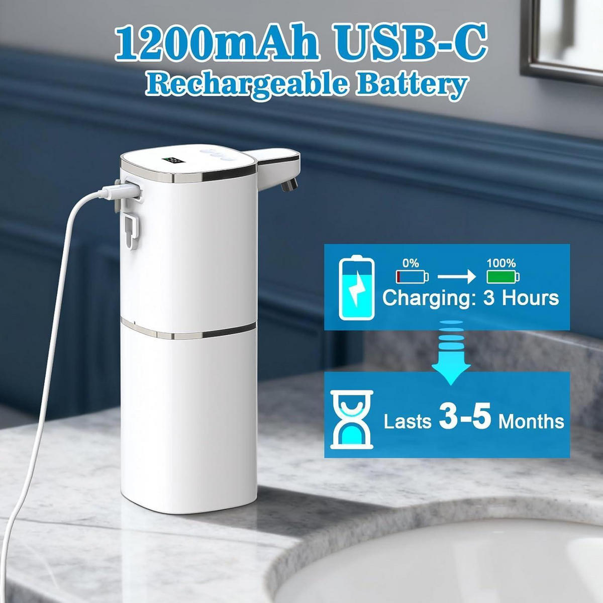 SEIFENSPENDER Automatisch 400ml mit Display USB Wiederaufladbar Weiß - Weiß, Kunststoff (8/8/20cm)