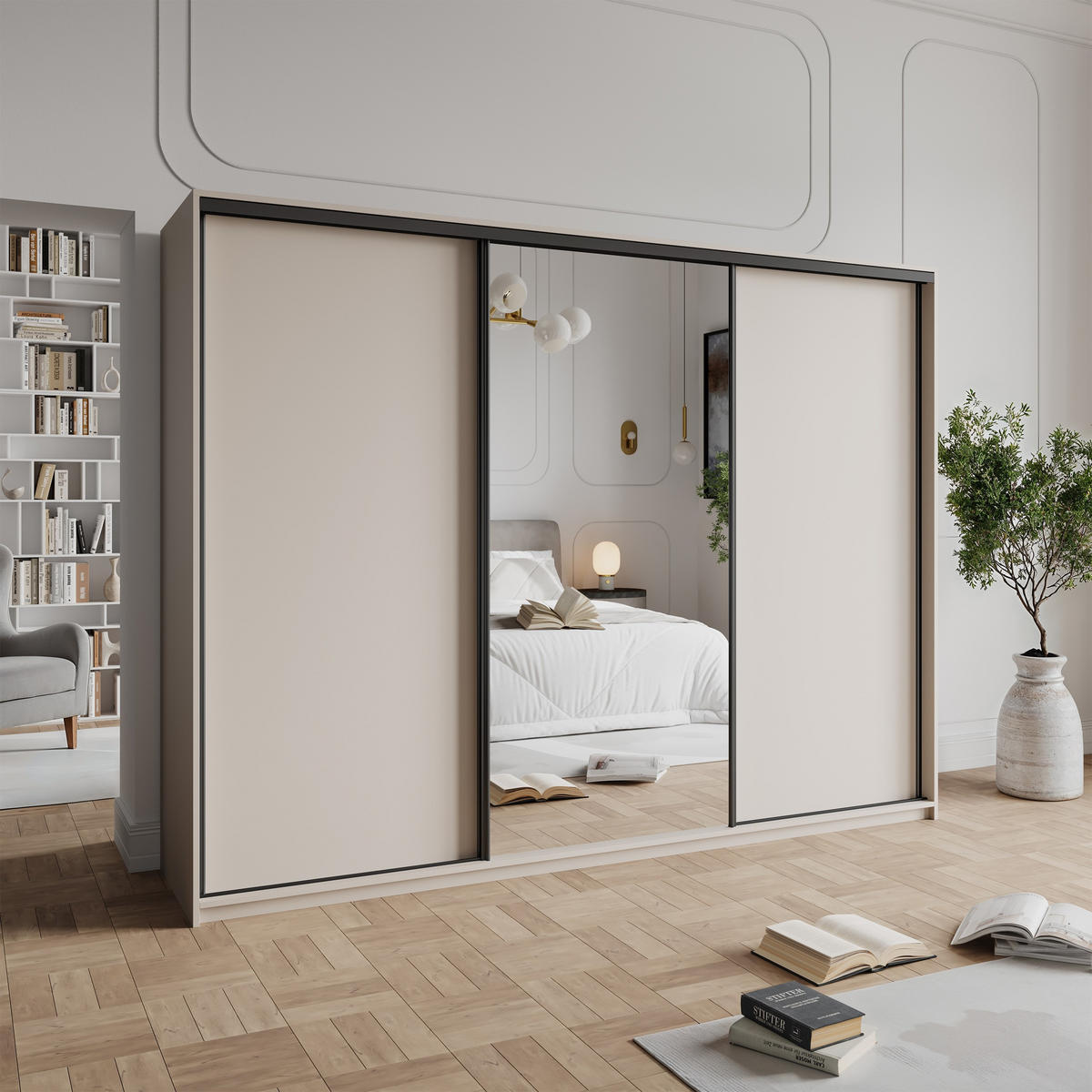 SCHWEBETÜRENSCHRANK TAVI 270/205/60 cm 3-türig mit Spiegel Kaschmir - Kaschmir, Holzwerkstoff (270/205/60cm) - MASSENO