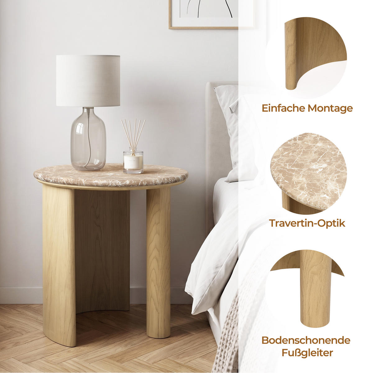 COUCHTISCH Rund Marmor-Optik, Eichenoptik, Ø50 × 51 cm - Braun, Holzwerkstoff (50/50/51cm) - Hometopia