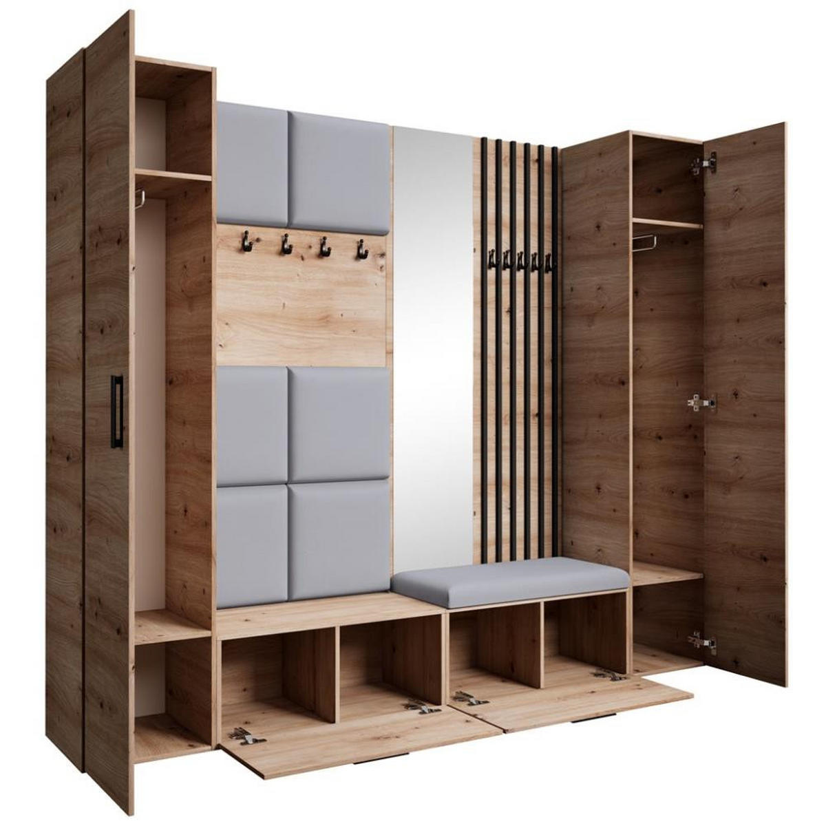 GARDEROBE Margaret XL 242/203/43 mit gepolsterten Paneelen/Lamellen/Spiegel - Schwarz/Eiche Artisan, Holzwerkstoff/Kunststoff (242/203/43cm) - Beautysofa