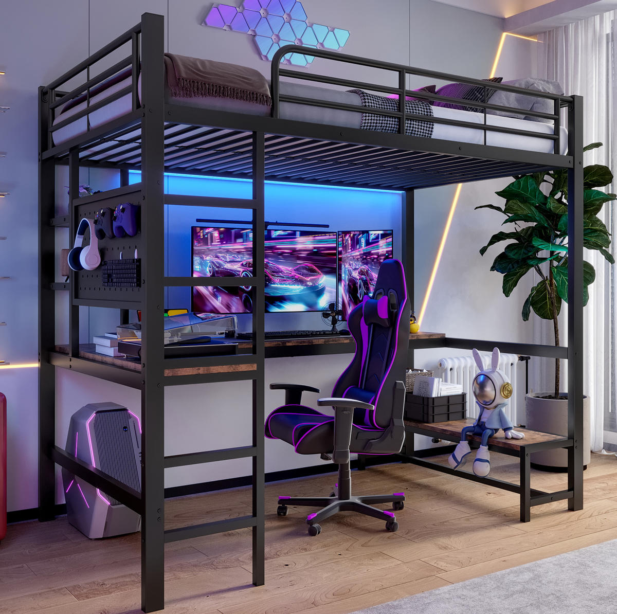 HOCHBETT 90/200 cm, Schwarz mit Schreibtisch, LED und USB-Typ-C-Buchse - Schwarz, Metall (90/200cm) - MIVRAY
