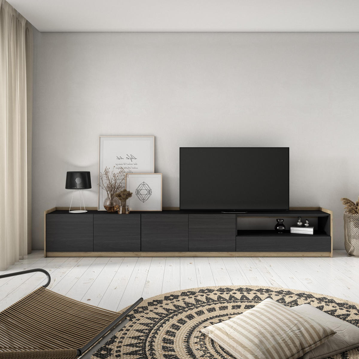 TV-SCHRANK, Lowboard, Schwarz Eiche, 310/37/50cm - Schwarz, Holzwerkstoff (310/50/37cm) - Skraut Home